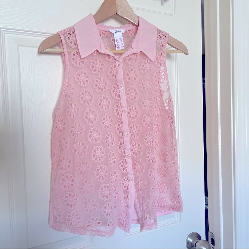 Candie’s Baby Pink Sheer Button Down Blouse with Floral Mesh Embroidery